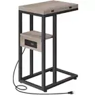 Foldable End Table, C Shaped Side Table with Charging Station, Greige + Black