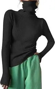 [Generic] Turtleneck for Women Women Turtleneck Ribbed Knit Sweater Top Thumb Hole Long Sleeve Mock Neck Solid Slim Fit Casual Knitted Jumper Sweater Shirts for Women
