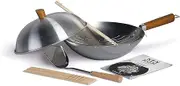 Ken Hom Carbon Steel Wok Set, 31cm, Classic, Non-Induction/Natural Patina Non-Stick/Wooden Handle, Includes Wok Pan with Lid, Wok Utensils & Recipe Book, KH331103