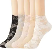 [CooTooLa] Lace Nylon Socks Women 5 Pairs, Fishnet Sheer Frilly Ankle Tights Mesh Socks, Multicolor 1, 4-7
