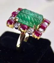 Certified Natural Emerald Carved Burma Ruby Cab Diamond 18K Gold Vintage Ring