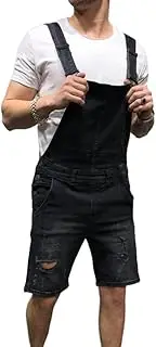 [Kinghua] Mens Bib Overall Shorts Casual Ripped Hole Jumpsuit Lightweight Loose Fit Button Hole Denim Shorts
