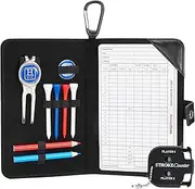 Golf Scorecard Holder n Yardage Book Cover in Genuine Leather - Divot Repair Tool, Ball Marker, Golf Tees, Pencil n Scorecards, Scorer Included, Golfers Handy Picks