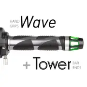KiWAV Motorcycle Wave Grips Dark Gray with Tower Bar Ends Green/Silver