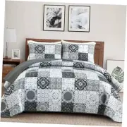 Quilt Set Size, Boho Plaid Patchwork Bedspreads Coverlet Set, King Grey Black