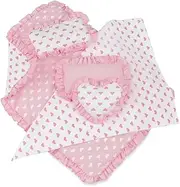 18 Inch Doll Accessories | Reversible Pink Heart Print Ruffled Bedding Set with Comforter 3 Pillows and Sheet | Fits American Girl Dolls