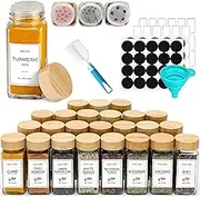 EqiEch 24 Pcs Glass Spice Jars,4oz Empty Square Spice Containers,Bamboo Sealing Lid and Spice Label,with Funnel and Brush,Glass Food Storage Containers Jars for Home,Kitchen