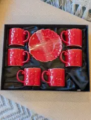 Meco & Namet Expresso Cups & Saucers Red Porcelain Boxed New Whimsical Modern