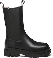 [Tarramarra] Women Black Ankle Boots Block Heel Leather Lining Round Toe Sherry