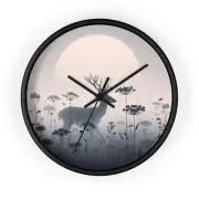 Home Decor Wall Clock Minimalist Deer in Foggy Meadow