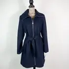 Michael Kors NWT Women's Tie Waist Zip Front Wool Coat Navy Size M