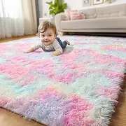 Rainbow Runner Kids Rugs for Girls Bedroom, Unicorn Room Decor, Fluffy Colorful Pastel Shag Area Rug for Baby Nursery, Soft Cute Fuzzy Kawaii Furry Plush Carpet for Playroom Preppy Dorm, 3x5 Rug Small