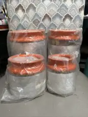 NOS Tupperware Counterparts Acrylic 4 Pc Set Canister Orange Push-Button Seal