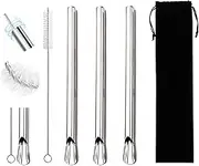 Extra Wide Reusable Stainless Steel Boba Drinking Straws Spoon Fat Straws Smoothie/Bubble Tea/Milkshakes Straws with Cleaning Brush & Carry Bag 12mm/0.5" Wide (Set of 3, Silver)