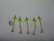 5 NEW ICEFISHING JIGS ,R1 #10 RED MUSTAD HOOK, CHARTREUSE BODY,SIZE 1