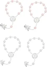 COLLBATH 4pcs Silver Angel Pendant Baptism Rosaries Christening Shower Favors for Girls Elegant Beaded Bracelets for Celebrations and Decorations