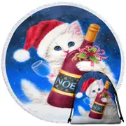 Noel Wine White Kitten Ready for Christmas Round Beach Towel