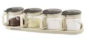 Set of 4 Seasoning Box Condiment Jars Sugar Spice Bowls w/ Lid, Spoons, and Tray