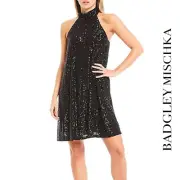 Belle Badgley Mischka NWT Tara Halter Neck Black Sequin Mini Shift Dress Size 0