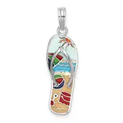 Sterling Silver De-Ani Rhodium-Plated 3D Enameled Beach Scene Flip-Flop Pendant