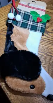 BEAGLE XMAS STOCKING WITH PLAID TRIM WITH HOLLY