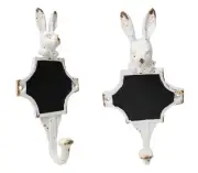 Pack Of 2 Antique White Pewter Bunny Rabbit Head Wall Coat Hooks With Chalkboard