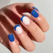 Kaichen French Press On Nails Square, Blue/White, Short Size, Includes 24 Nails, 24 Adhesive Tabs, 2g Glue, 1 Manicure Stick, 1 Mini File