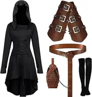 [Suhine] 5 Pcs Renaissance Women Costume Medieval Hooded Robe Vintage Faux Leather Arm Pouch Belt Carnival World Book Day