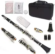 WUQIMUSC Bb Clarinet for Student Ebonite Wood B Flat 17 key Nickel-Plated Beginner Clarinet set 2 Barrels with Cleaning Cloth Gloves Black Orchestra Musical Instrument