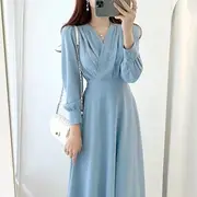 Long-Sleeve V-Neck Plain Midi A-Line Dress Blue - S