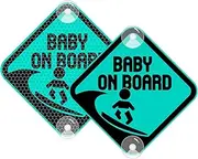 Vesvory Baby On Board Surf Sticker - Reflective PVC Car Decal with Suction Cups, Double-Side Baby Safety Warning Sign, 4.72x4.72 in (Mint Green)