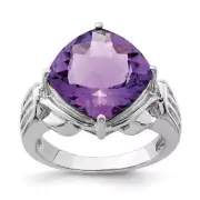 Sterling Silver Rhodium-plated Checker-Cut Amethyst Ring Size 6