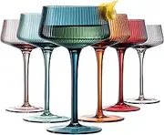 Colored Vintage Art Deco Coupe Glasses - Martini, Cocktail & Champagne Ribbed Glasses 7.5oz | Set of 6 | Cute Pastel Muted Crystal Cocktail Glassware, Goblet Cocktails, Stemmed Ripple Glassware Gift