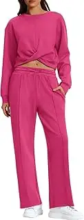 [DSAoTeng] Women's 2 Piece Lounge Sets-Casual Comfy Twist Front Cropped Top High Waist Wide Leg Sweatpant for Travel Fall Wardrobe Essentials