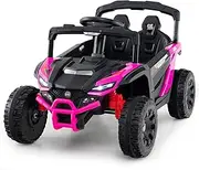 HONEY JOY Kids Ride on Truck, 12V Electric UTV Truck with Remote Control, 3 Speeds, LED Lights, Music, Horn & Spring Suspension, Children Vehicle for Boys & Girls 3+ Years Old, Rose