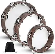 Tambourine, Tambourines for Adults, 3 PCS Wooden Hand Held Percussion Tambourine with Storage Bag, Tambourines Musical Instrument for Church, Wedding, Party, Dance, Photo Shoot, Black Walnut