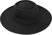 [IZUS] Women 3.75in-Large-Brim Felt-Fedora-Hat Flat-Top Derby-Cap Pork-Pie Boater-Hat Flat-Brim Church-Hat Wedding-Party Size:S/M