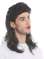 Wig Ladies Men's Carnival Mullet Long Black Backcombs 80er Years Chav