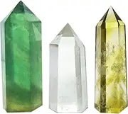 Set of 3 Crystal Wands of Clear Quartz, Yellow Quartz & Fluorite Stone,Pointed & Faceted for Healing Reiki Chakra Meditation Therapy Decor
