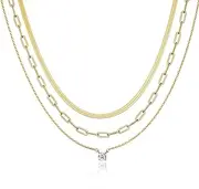 [Tomovely] Gold Layered Set Necklaces for Women, Dainty 14K Gold Plated Layered CZ Pendant Necklaces Simple Gold Herringbone Snake Choker Cuban Link Paperclip Chain Necklace Jewelry