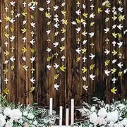 40Ft Gold and White Peace Doves Olive Leaf Cross Paper Garland Streamer for Spring Wedding Bridal Baby Shower Birthday Engagement First Holy Communion Religious Christian Baptism Tea Party Decorations