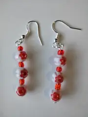 Millefiori Glass Flower Earrings Red beads beaded silver Hippie Boho Handcrafted