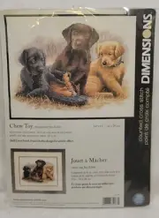Dimensions Cross Stitch Kit "Chew Toy" Labrador Puppies Dogs 14" x 11" #35188