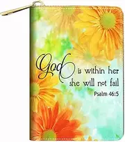 [BWOOLL] RFID Credit Card Holder Wallets for Women, Leather Card Case Wallet with Zipper, Indian Tribal Girl, Daisy Floral Quote Bible Verse Psalm 46:5, Fashions