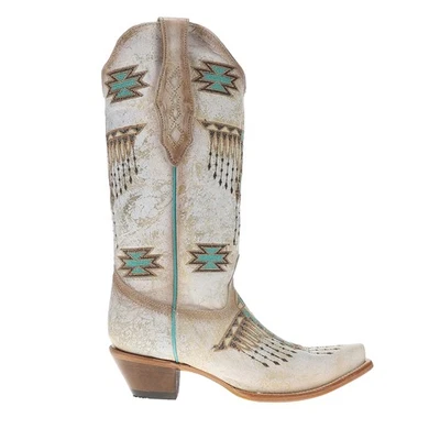 Corral Boots Embroidered Southwest Snip Toe Pull On Cowboy Womens White Casual