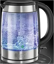 [Russell Hobbs] Illuminating 1.7L Electric Cordless Glass Kettle with black/brushed stainless steel accents (Fast Boil 3KW, Washable anti-scale filter, Button to open lid, Perfect pour spout) 21600-10