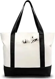 [Generic] Mayatra's Stylish Canvas Tote Bag with an External Pocket, Top Zipper Closure, Daily Essentials (Black/Natural)