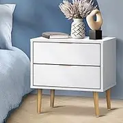 Oikiture Bedside Tables 2 Drawers Side Tables Organiser Tall Nightstand Bedroom Furniture Storage Cabinet Wooden,White