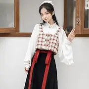 [JIMINISO] 2 Colors 3Pc Ming Dynasty Women Dress Classic White Shirt Spring Autumn Vest Horse Face Skirt Elegant Daily Suit