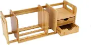 Bamboo Wood Desk Bookcase, Expandable Shelving Unit with 2 Drawers, Organize and Store Books, Office Supplies